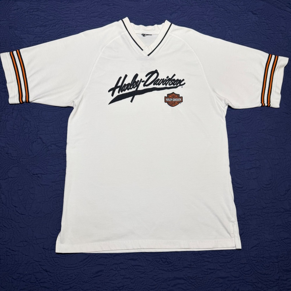 Harley-Davidson V-Neck Jersey White Valley Stockton California Mens L Breathable